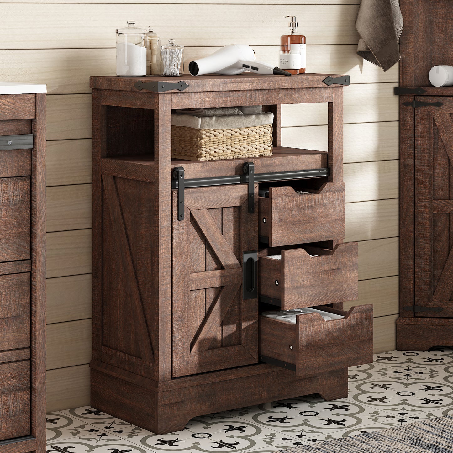 MERLUXY 24" Floor Cabinet, Farmhouse Storage Cabinet with 3 Drawers & Adjustable Shelf, Storage Cabinet with Sliding Barn Door for Bathroom, Kitchen, Living Room