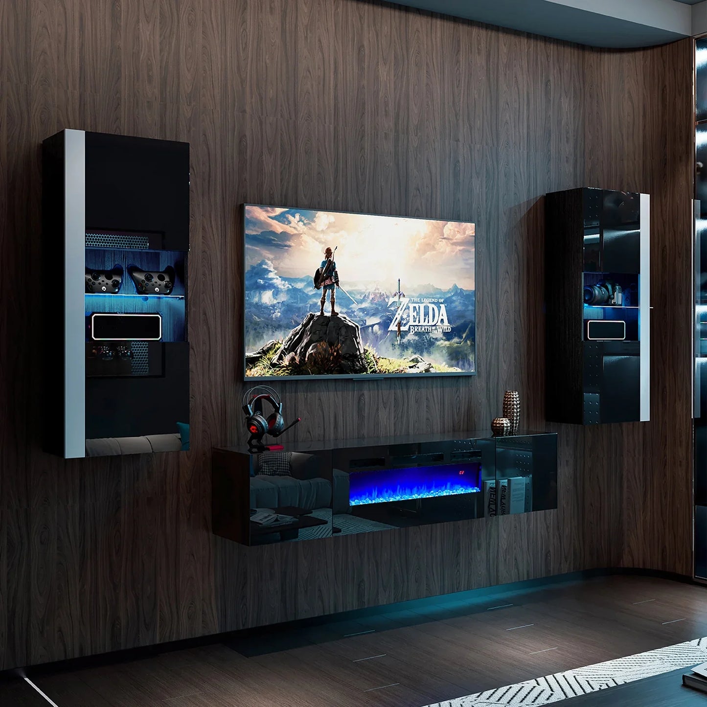 68" Floating Fireplace TV Stand, 2 x Wall Cabinets for Living Room, Black/White