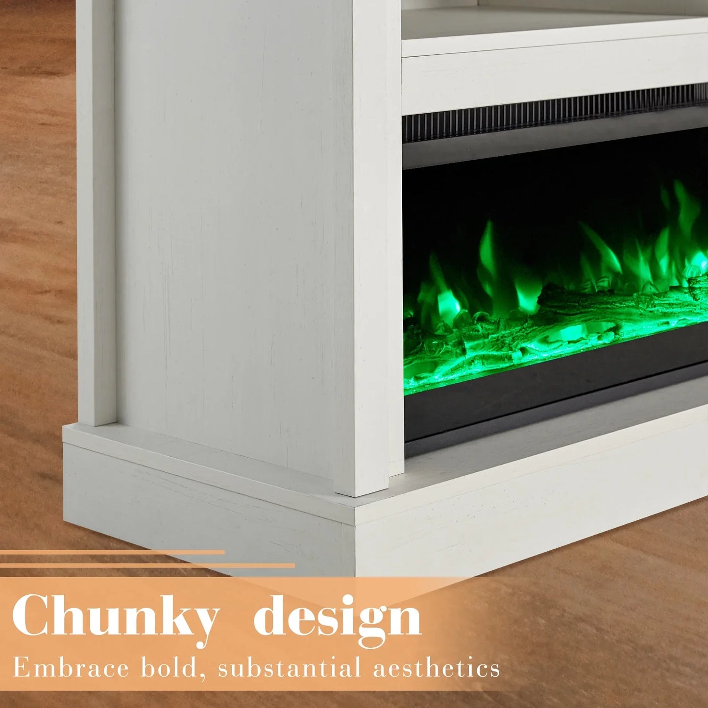 75” Fireplace TV stand with 60” Electric Fireplace, Chunky Entertainment Center with Wood Grain, Color Clash Entertainment Stand for TVs up to 85”, White&Grey