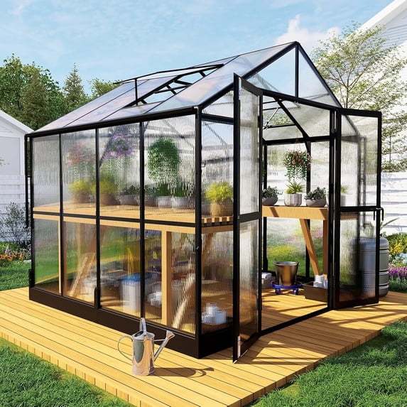 Jocisland Polycarbonate Greenhouse Double Swing Doors 2 Vents 5.2FT Added Wall Height, Walk-in Aluminum Hobby Greenhouse Sunroom Winter Greenhouse for Outdoors, Black