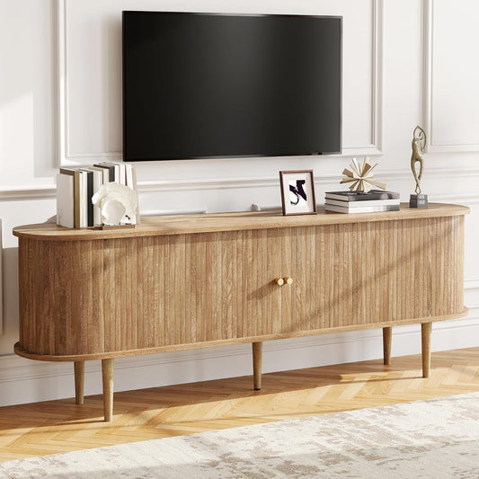 70" Mid Century TV Stand with Tambour Door & Wood Legs, Dust-Proof Storage Cabinet, Brown