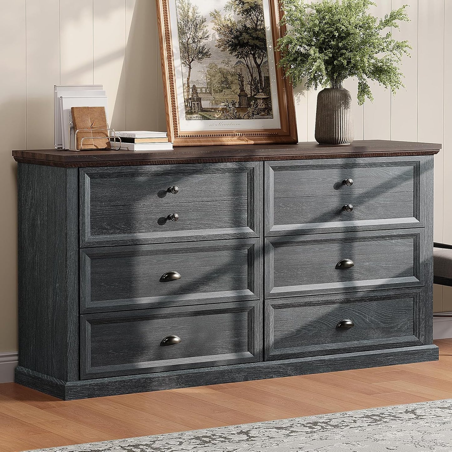 58 inch Dresser for Bedroom, Farmhouse 6 Drawer Dresser, TV Stand for Bedroom, Dressers & Chests of Drawers, Living Room Organizer with Storage Drawers