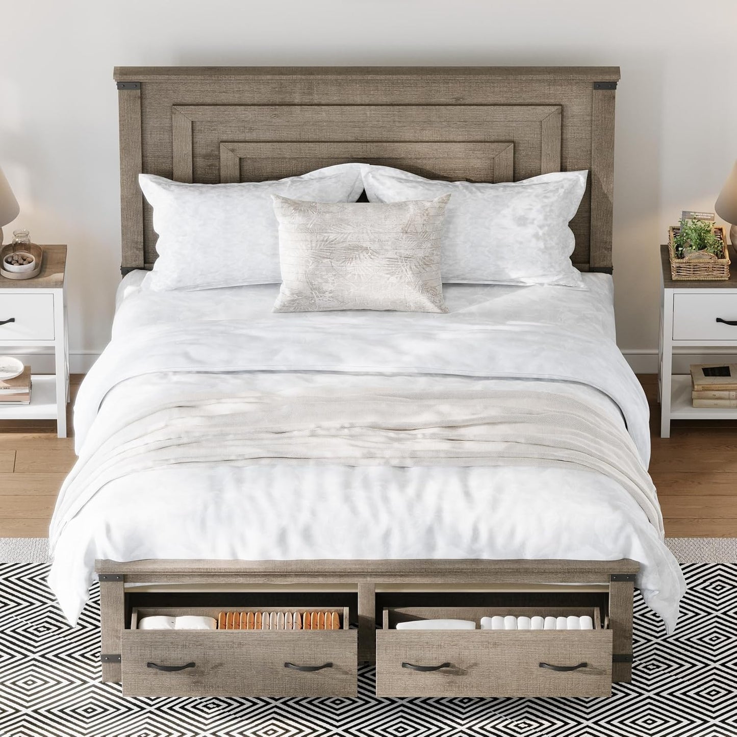 Amerlife Farmhouse Bed Frame with 54" Tall Geometric Headboard & Storage Drawers