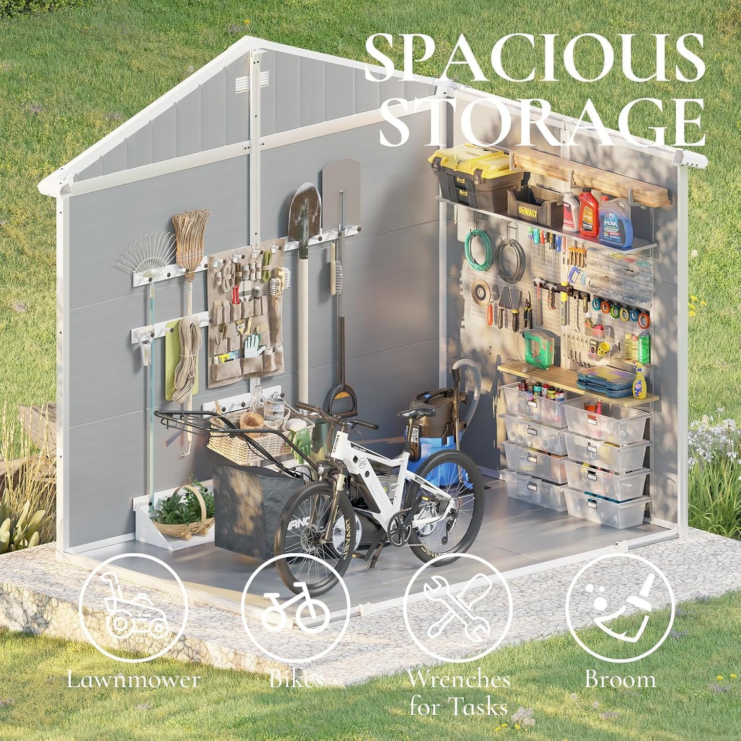 8 x 6 ft Resin Storage Shed with Floor, Tool Shed Outdoor Storage with Vents, Window, and Stainless Steel Cores, for Lawnmowers/Bicycles/Pool Supplies, Grey