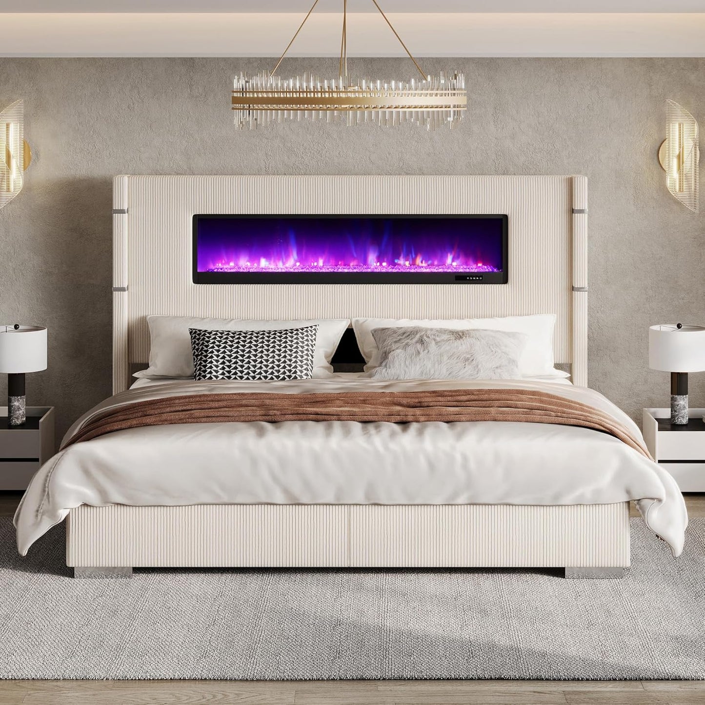 Modern Queen Size Bed Frame with Fireplace and Tall Headboard, Cream Wingback Platform