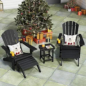 5-Piece Adirondack Chairs, Ottomans and Table Set, Outdoor Chair with Cup Holder and Wide Armrests for Patio, Garden, Deck, Porch, Lawn, Pool and Backyard