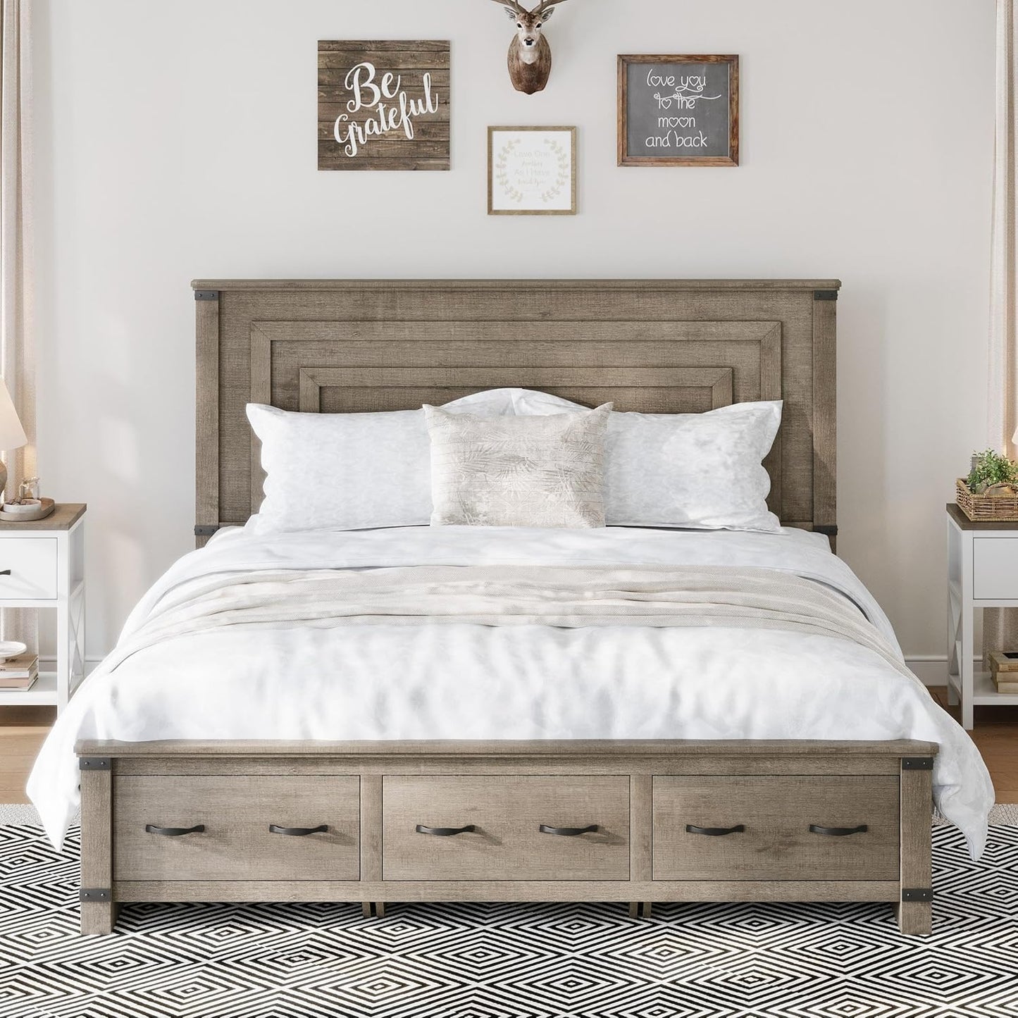 Amerlife Farmhouse Bed Frame with 54" Tall Geometric Headboard & Storage Drawers