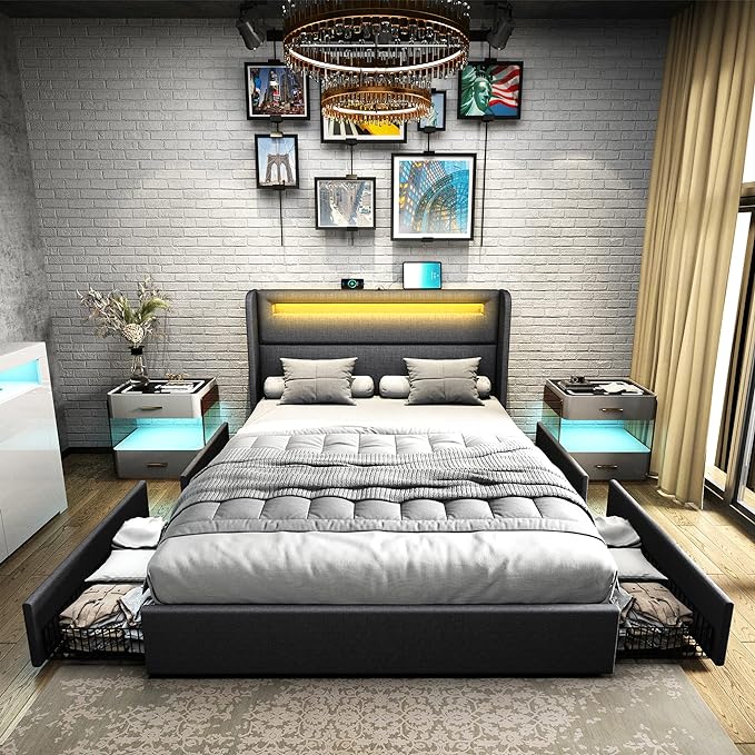 Queen Bed Frame with RGBW LED Lights Headboard & 4 Storage Drawers, Upholstered Smart Platform Bed with USB & USB-C Ports, Box Spring Optional, Dark Grey