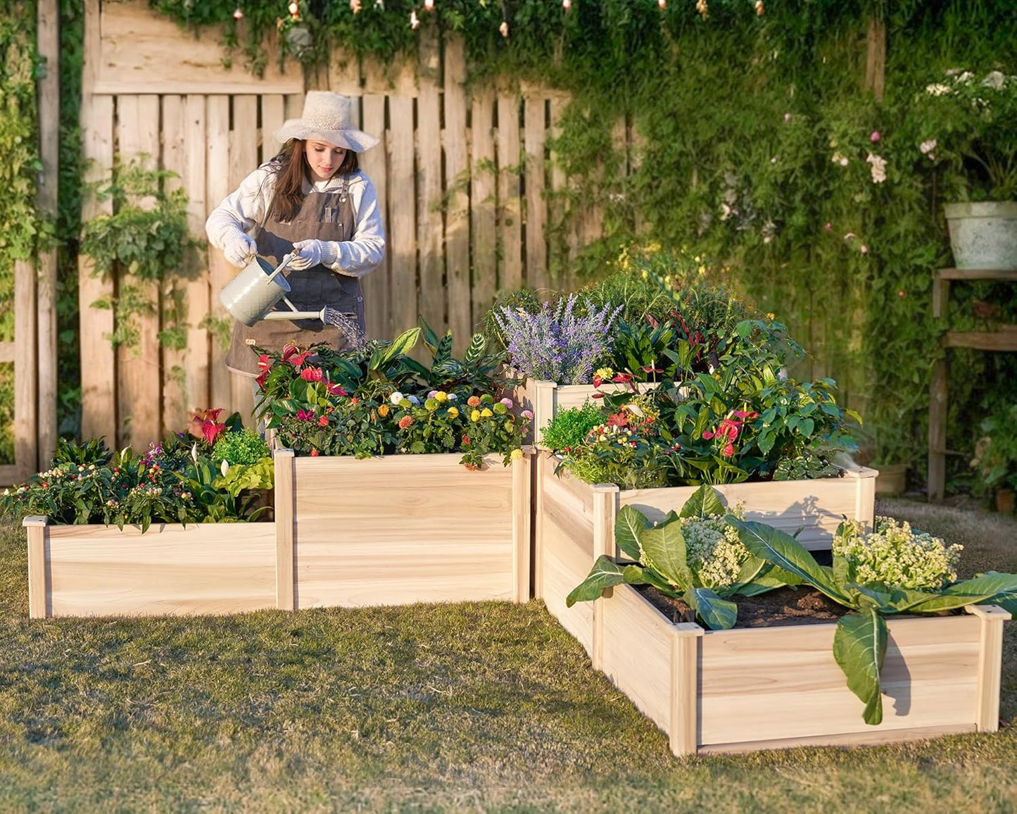 LUXOAK Raised Garden Bed Outdoor Gardening, 3-Tier Fir Wood Planter Box with Dividers and Leakage Hole, Large Garden Box Assembled without Tools, Ideal for Vegetables, Herbs, Flowers