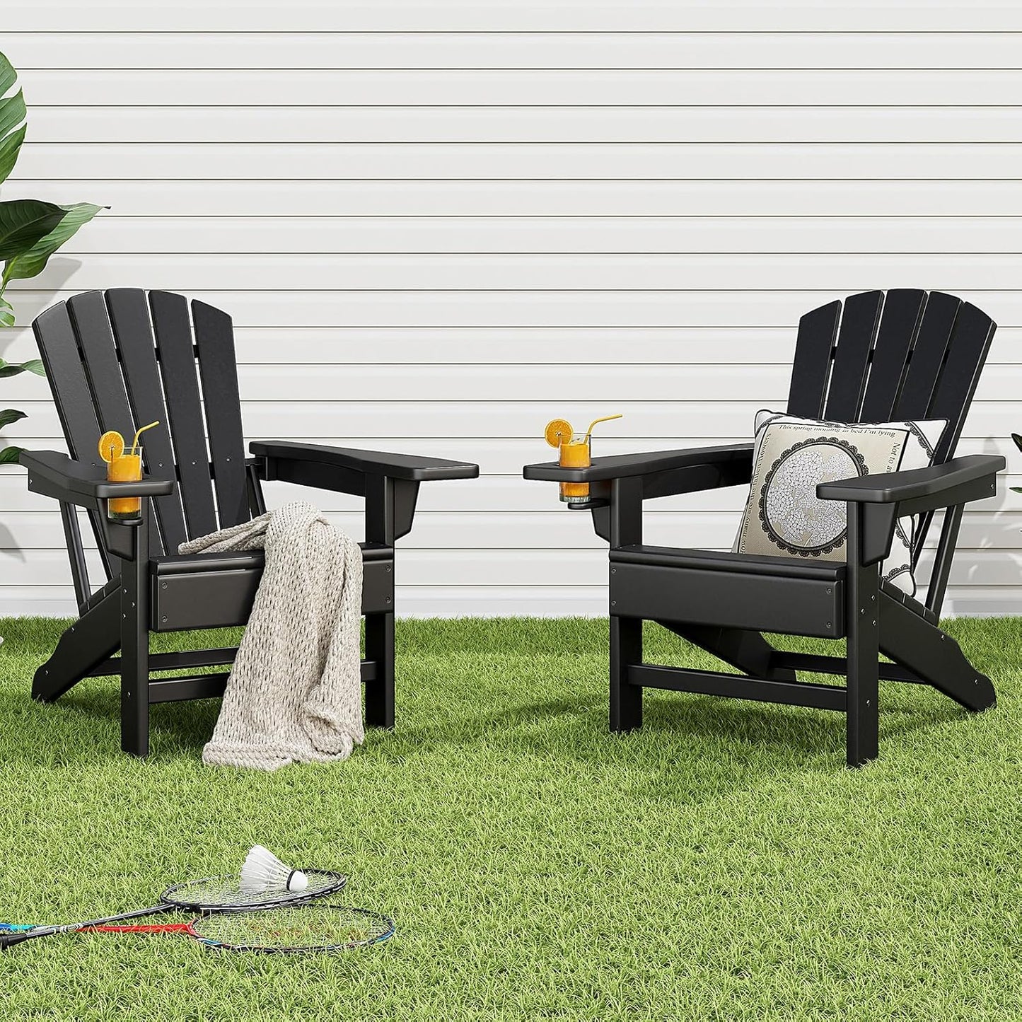 Adirondack Chairs Set of 2, Outdoor Chairs with Cup Holder and Wide Armrests for Patio, Garden, Deck, Porch, Lawn, Pool and Backyard