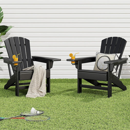 Adirondack Chairs Set of 2, Outdoor Chairs with Cup Holder and Wide Armrests for Patio, Garden, Deck, Porch, Lawn, Pool and Backyard