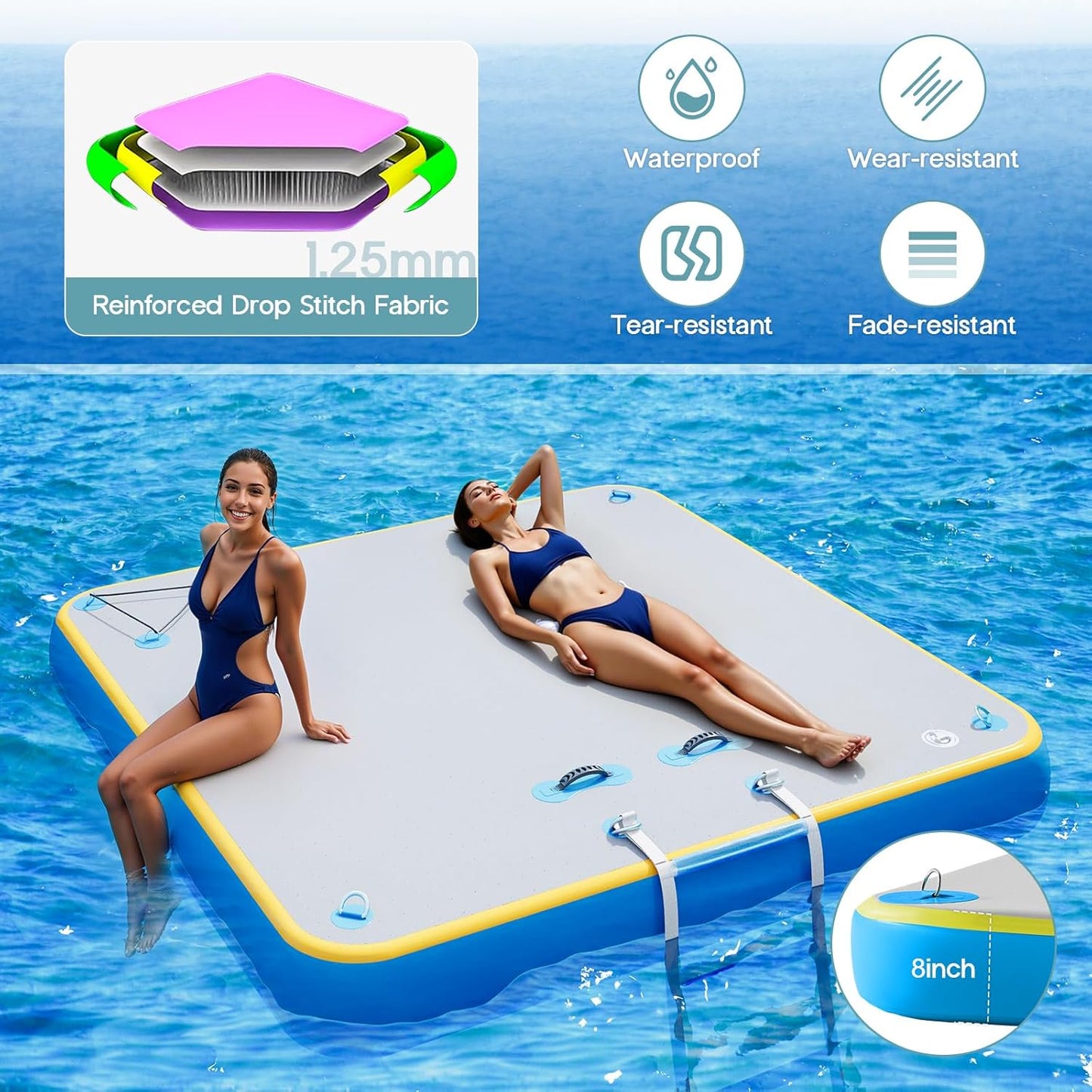 Jocisland 6x6 ft Inflatable Floating Dock with Non-Slip Surface, Detachable Ladder, Multi-Person Swim Platform for Pool, Beach, Ocean, Gray+Blue