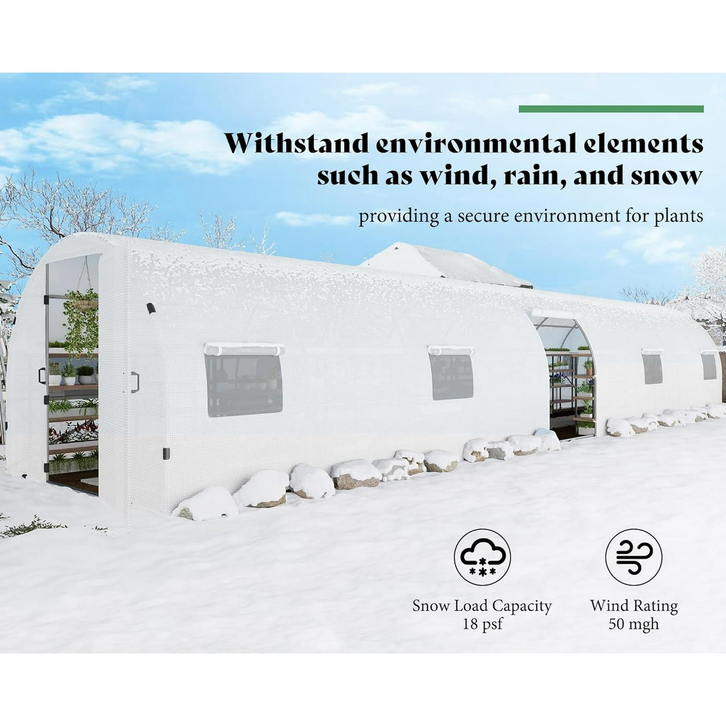 44x10x7.5 ft Outdoor Tunnel Greenhouse, Ships in 2 Packages, with Swing Door, Premium PE Cover, Film Clips, White, Clear Cover Patter