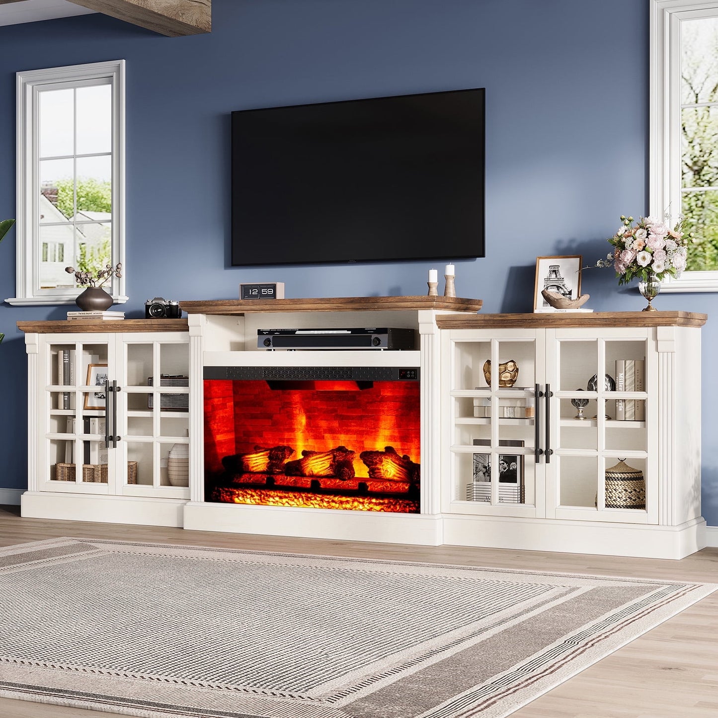 97" Farmhouse TV Stand with 33" Fireplace for TVs up to 100", White/Barnwood