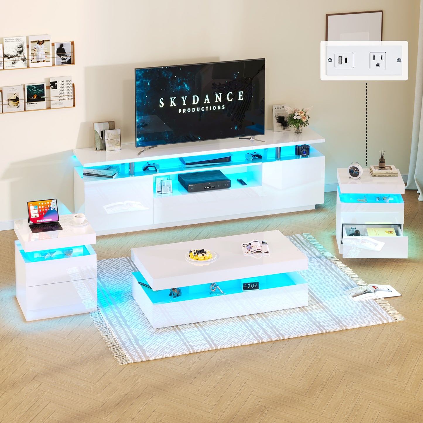 4-Piece Living Room Table Set Includes Modern 70" TV Stand, Coffee Table and Nightstands Set of 2 with LED Lights, High Glossy Coffee Table Set for Bedroom & Office, White