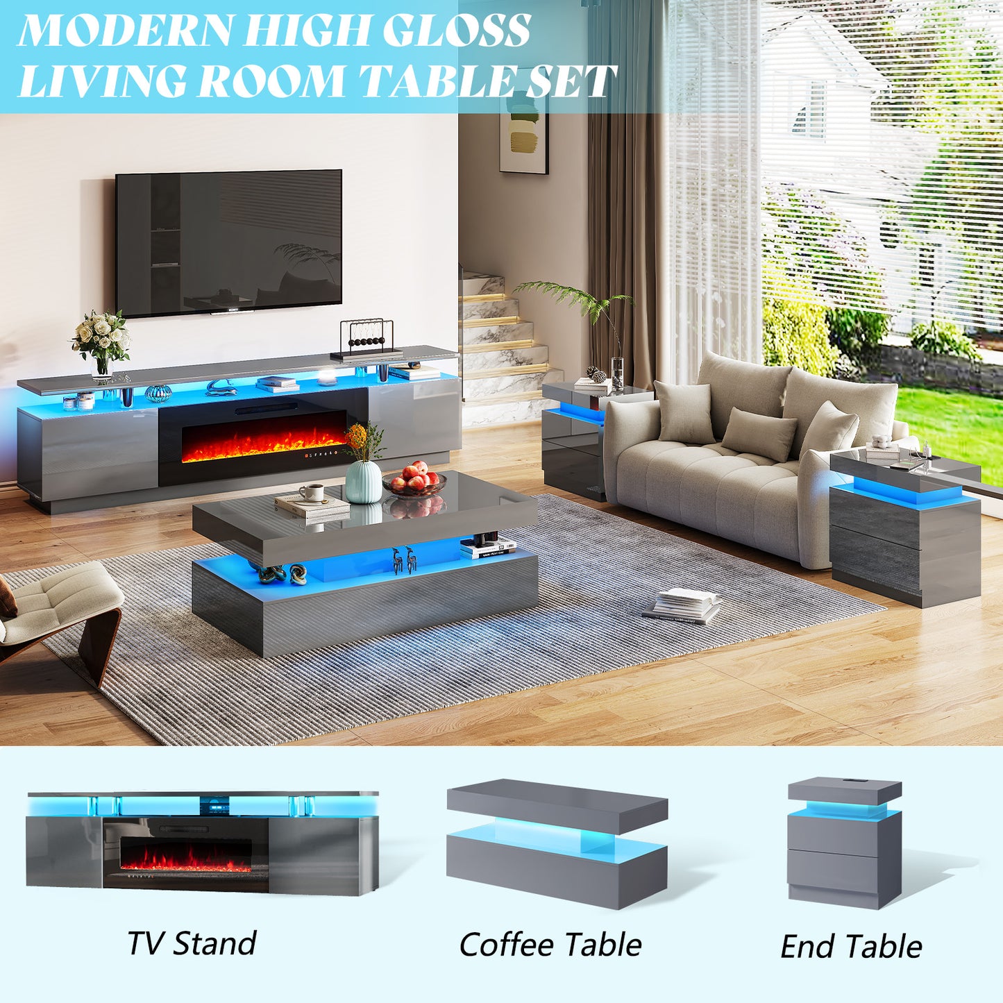 AMERLIFE High Gloss 3 Pieces Living Room Table Set, Modern LED Coffee Table Sets of 3, 2-tier Center Table with 2 End Side Tables, LED Lights Bedside Table Nightstands with Charging Station, Black