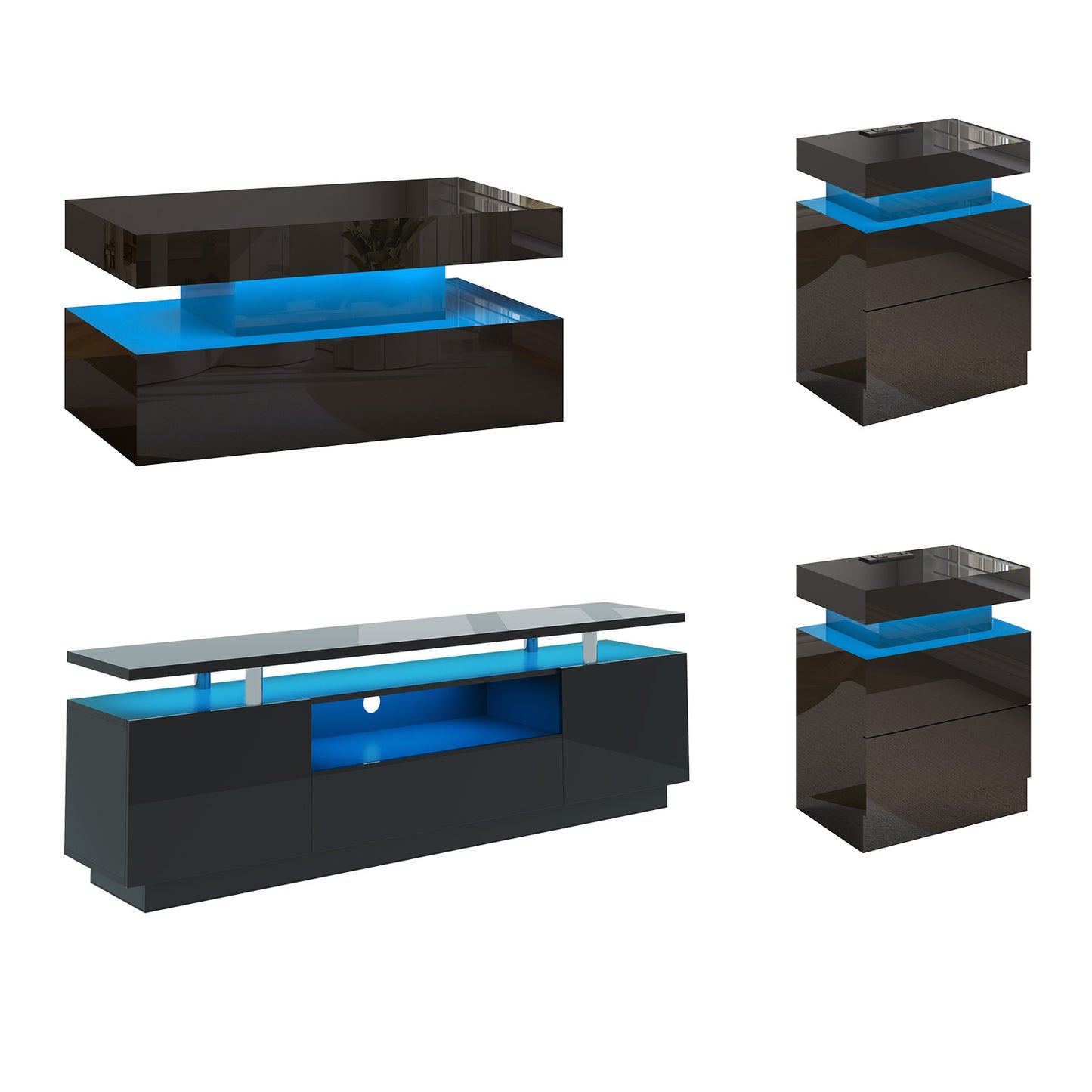 4-Piece Living Room Table Set Includes Modern 70" TV Stand, Coffee Table and Nightstands Set of 2 with LED Lights, High Glossy Coffee Table Set for Bedroom & Office, White