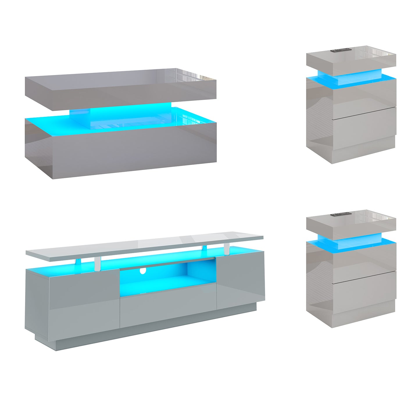 4-Piece Living Room Table Set Includes Modern 70" TV Stand, Coffee Table and Nightstands Set of 2 with LED Lights, High Glossy Coffee Table Set for Bedroom & Office, White