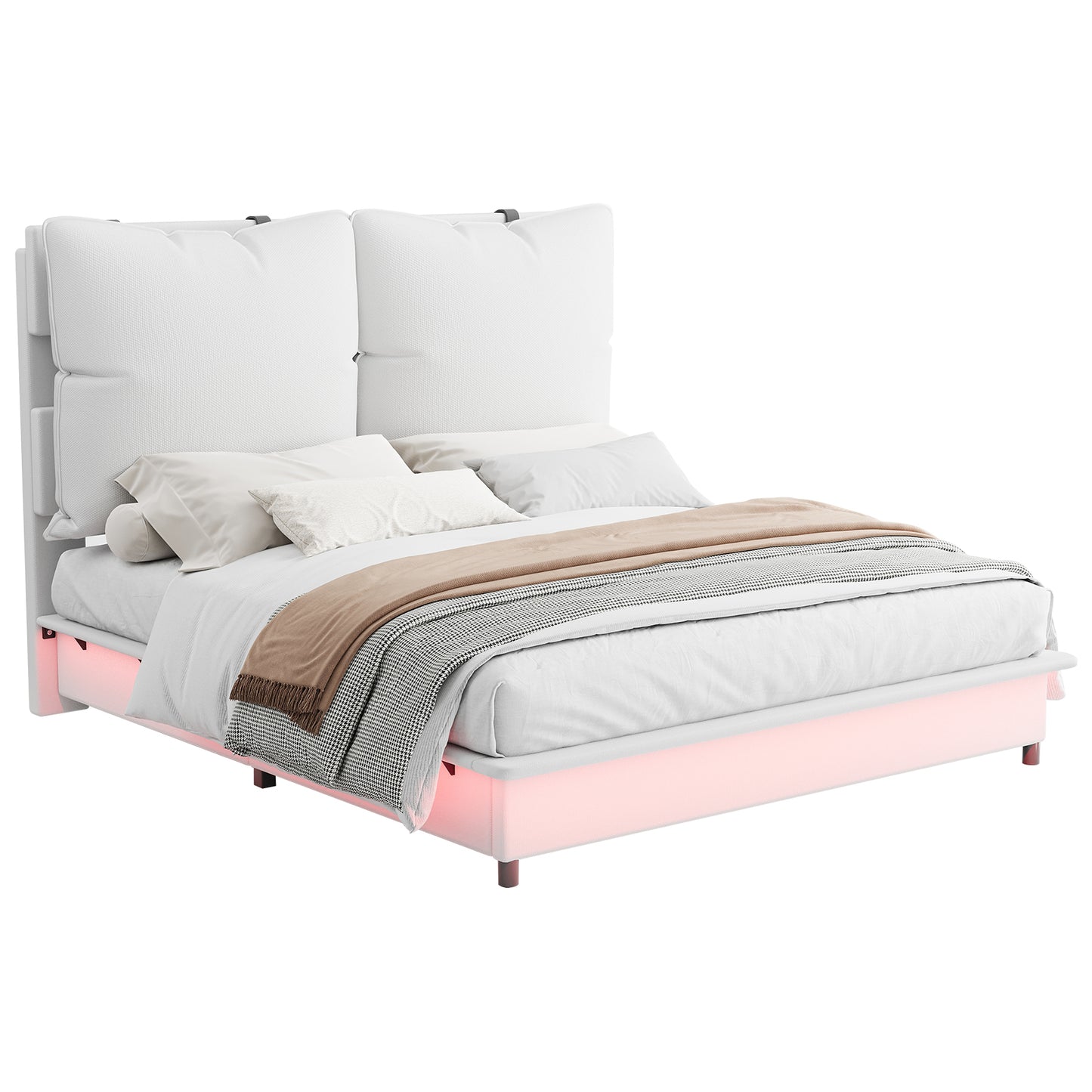 Jocisland Queen Bed Frame with LED Lights and Upholstered Headboard, Floating Design with Recessed Legs, Soft Detachable Backrest, No Box Spring Needed, Modern Style, White