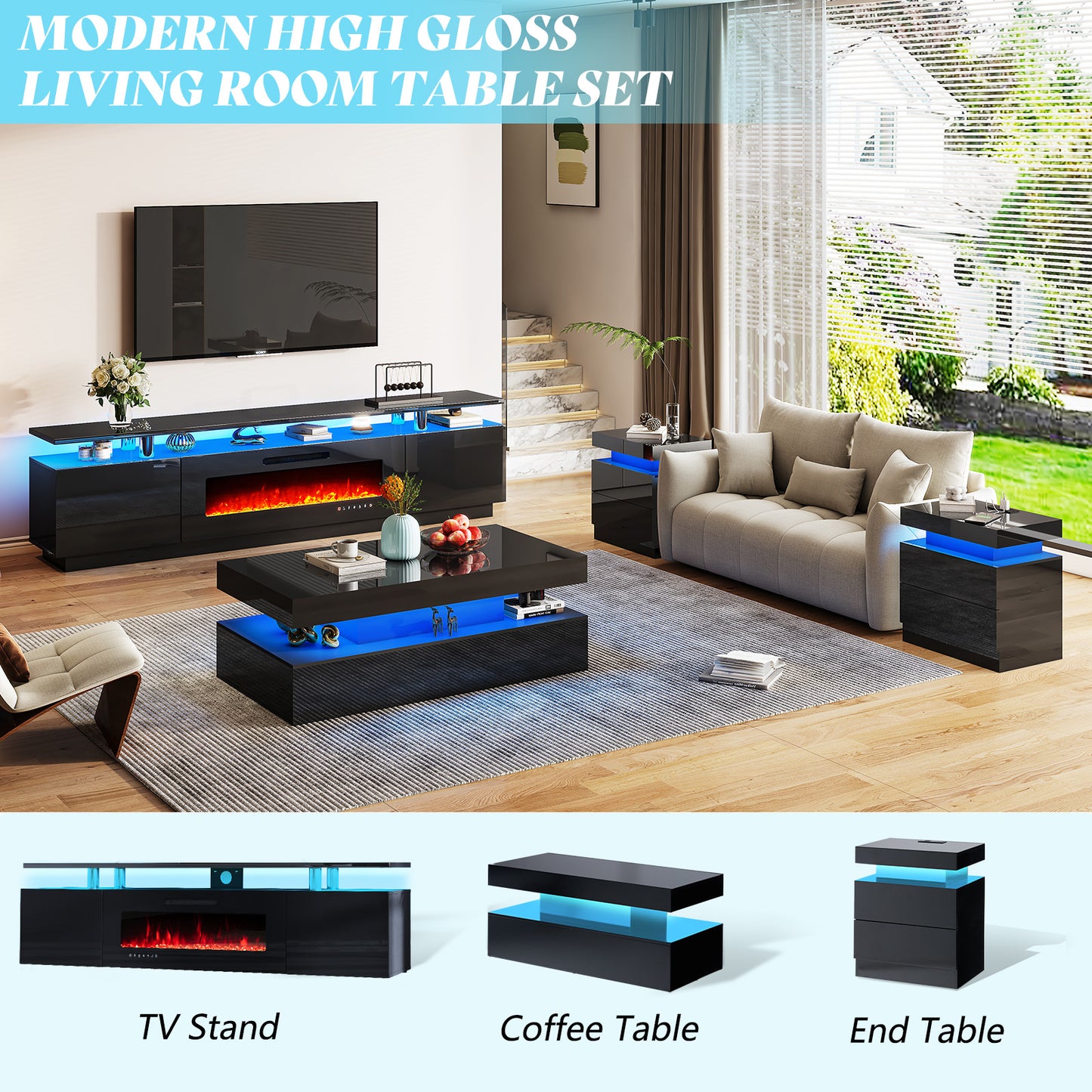 AMERLIFE High Gloss 3 Pieces Living Room Table Set, Modern LED Coffee Table Sets of 3, 2-tier Center Table with 2 End Side Tables, LED Lights Bedside Table Nightstands with Charging Station, Black