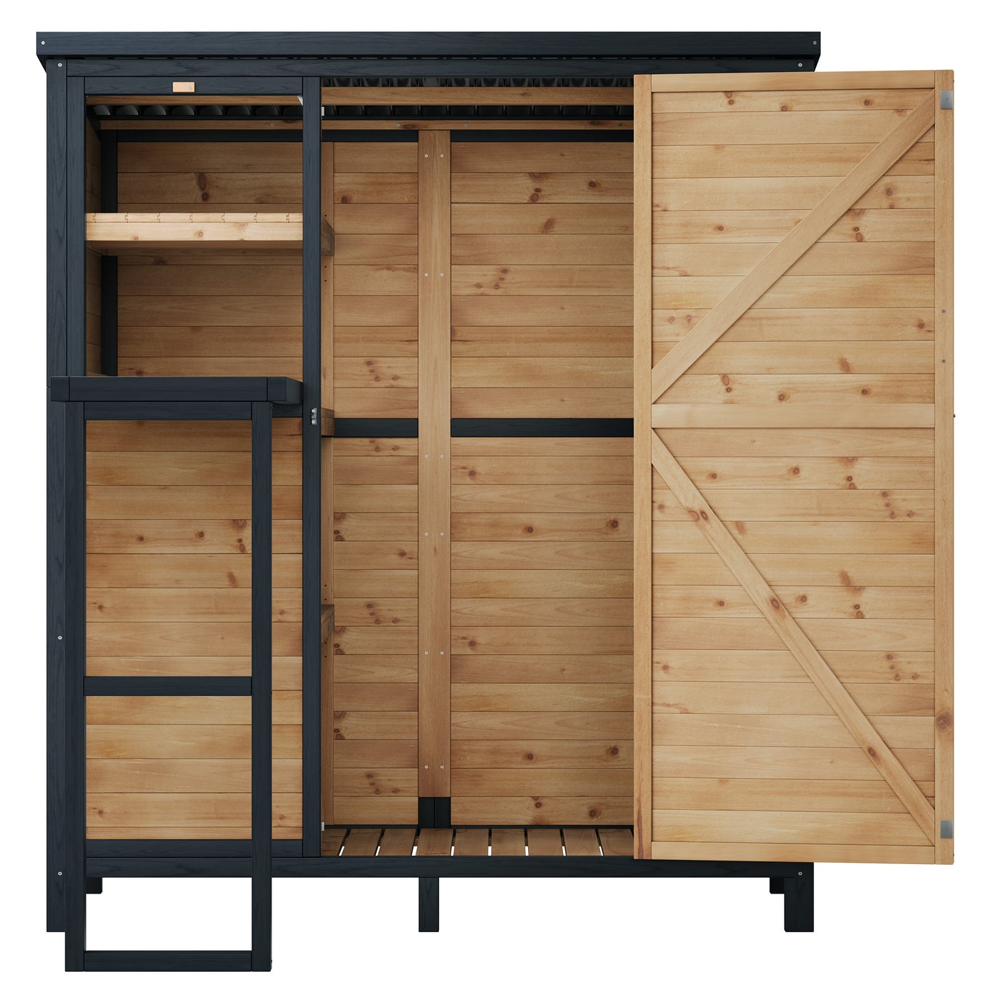 Jocisland Solid Fir Wood Outdoor Storage Shed,Garden Tool Shed with Foldable Workbench, Adjustable Shelves,Sloping Roof,Weatherproof Utility Cabinet for Backyard,Patio&Lawn, Poolside,2.76x5.15x5.9 FT