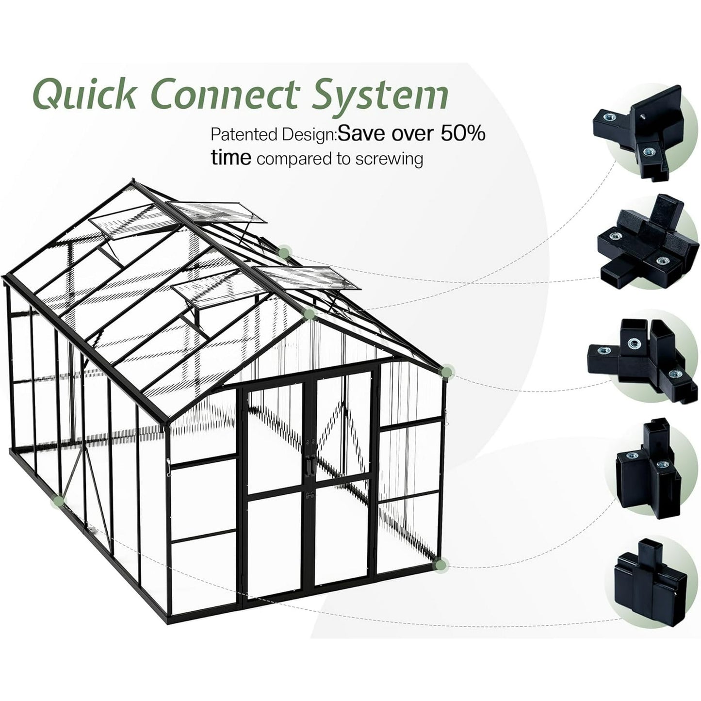 Jocisland 7.5x11x7.5 FT Polycarbonate Greenhouse with Quick Connector Fast Assembly, Outdoor Aluminum Greenhouses with Rain Gutter and Ventilation, Walk in Greenhouse for Backyard Garden, Black