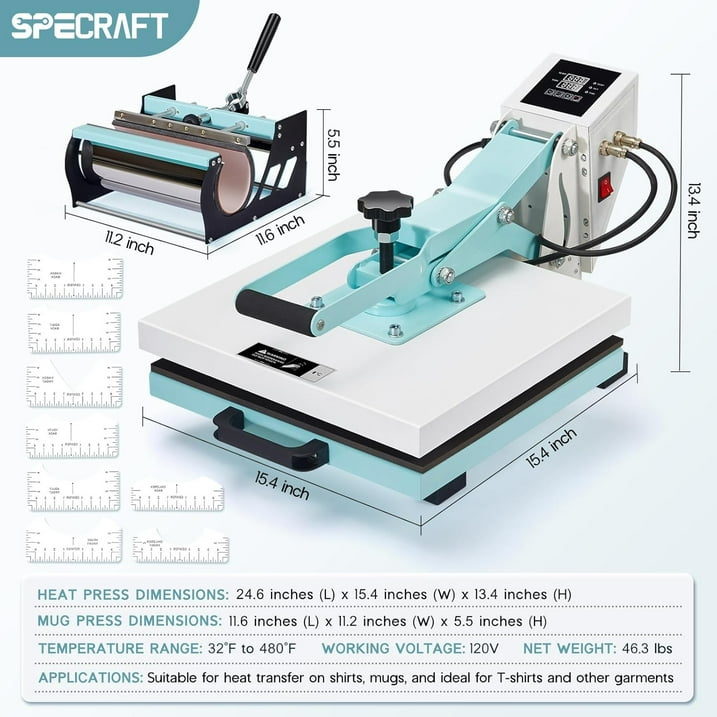 Jocisland 2-in-1 15x15 Heat Press, Industrial-Quality Digital Sublimation Heat Press Machine for T-Shirts, Mugs, 30oz Mug Press, Sewing Rulers, Blue