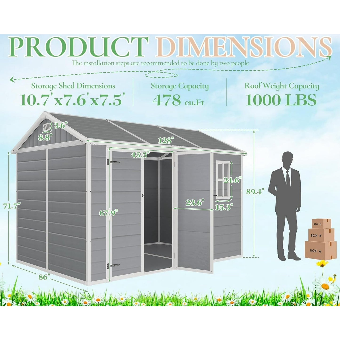 LUXOAK 10.5x7.6x7.5 FT Resin Storage Shed with Floor, Tool Shed Outdoor Storage with Vents, Windows, and Stainless Steel Cores, for Bicycles/Lawnmowers/Pool Supplies, Grey