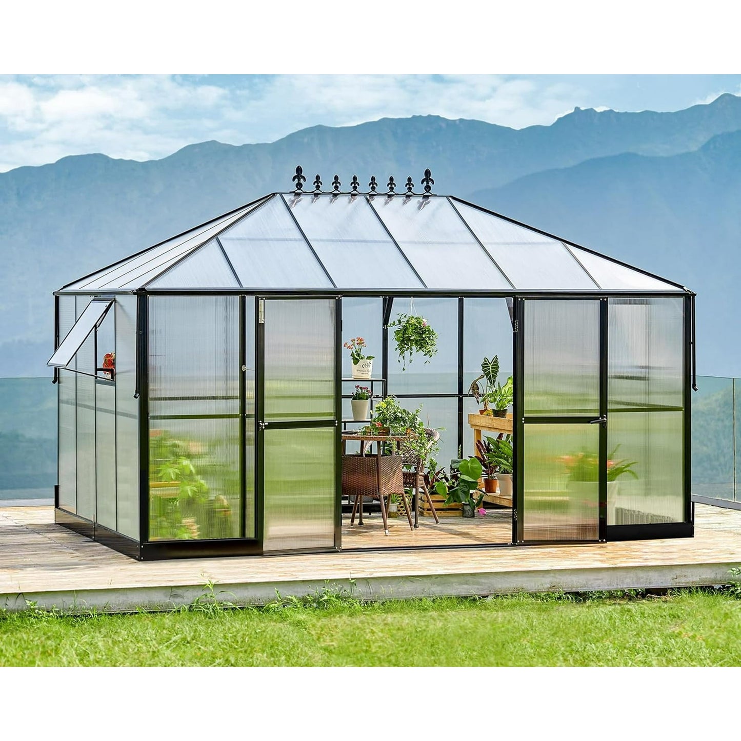 Jocisland 14x9.5x9 ft Polycarbonate Greenhouse Double Swing Doors 2 Vents 6FT Wall Height, Black