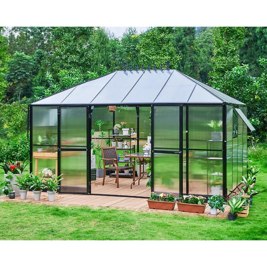 Jocisland 14x9.5x9 ft Polycarbonate Greenhouse Quick Connect Fittings, 6 FT Height Double Doors with Hook, Black