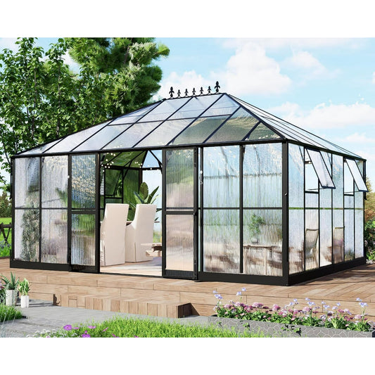 Jocisland 16x12x9.5 ft Polycarbonate Greenhouse- 6 ft Wall Height Outdoor Aluminum Greenhouses with 2 Vent Windows and Rain Gutter, Double Doors with Hook, Walk-in Greenhouse for Backyard Garden