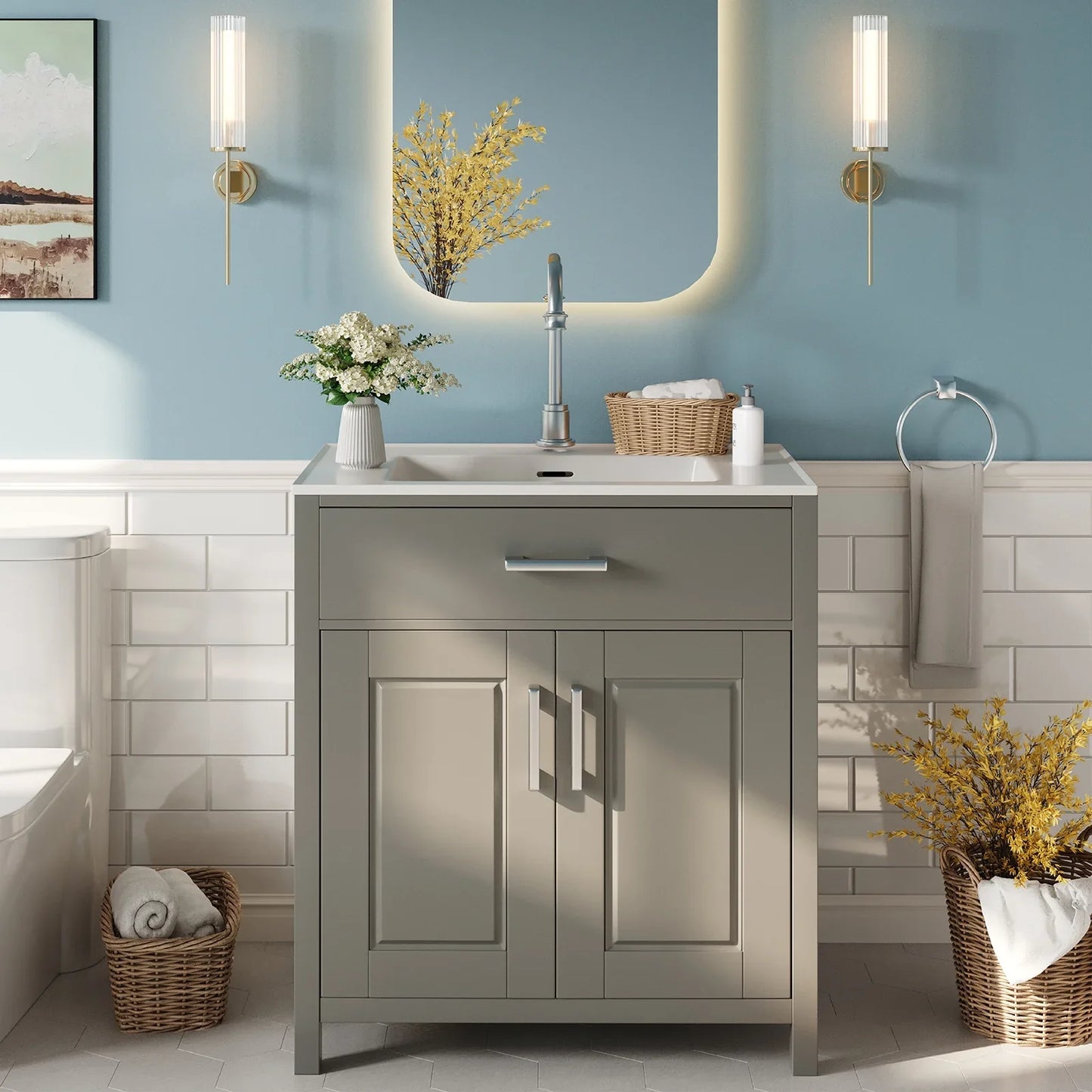 31" Bathroom Vanity with Sink Combo, Modern Freestanding Small Single Bath Vanity, Bathroom Vanity Set Storage Cabinet with Soft Closing Doors & Stylish Metal Handles, Easy Assembly, White