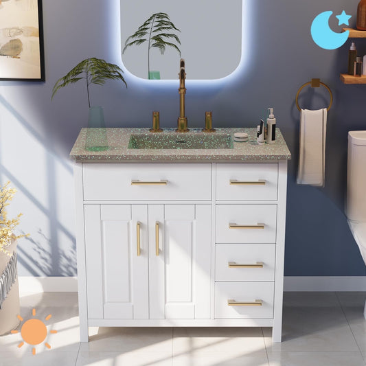 36" Fluorescent Bathroom Vanity with Sink Combo, Noctilucent Modern Small Single Bathroom Cabinet Set, Includes Luminous Countertop & Sink, Soft Closing Doors & Drawers