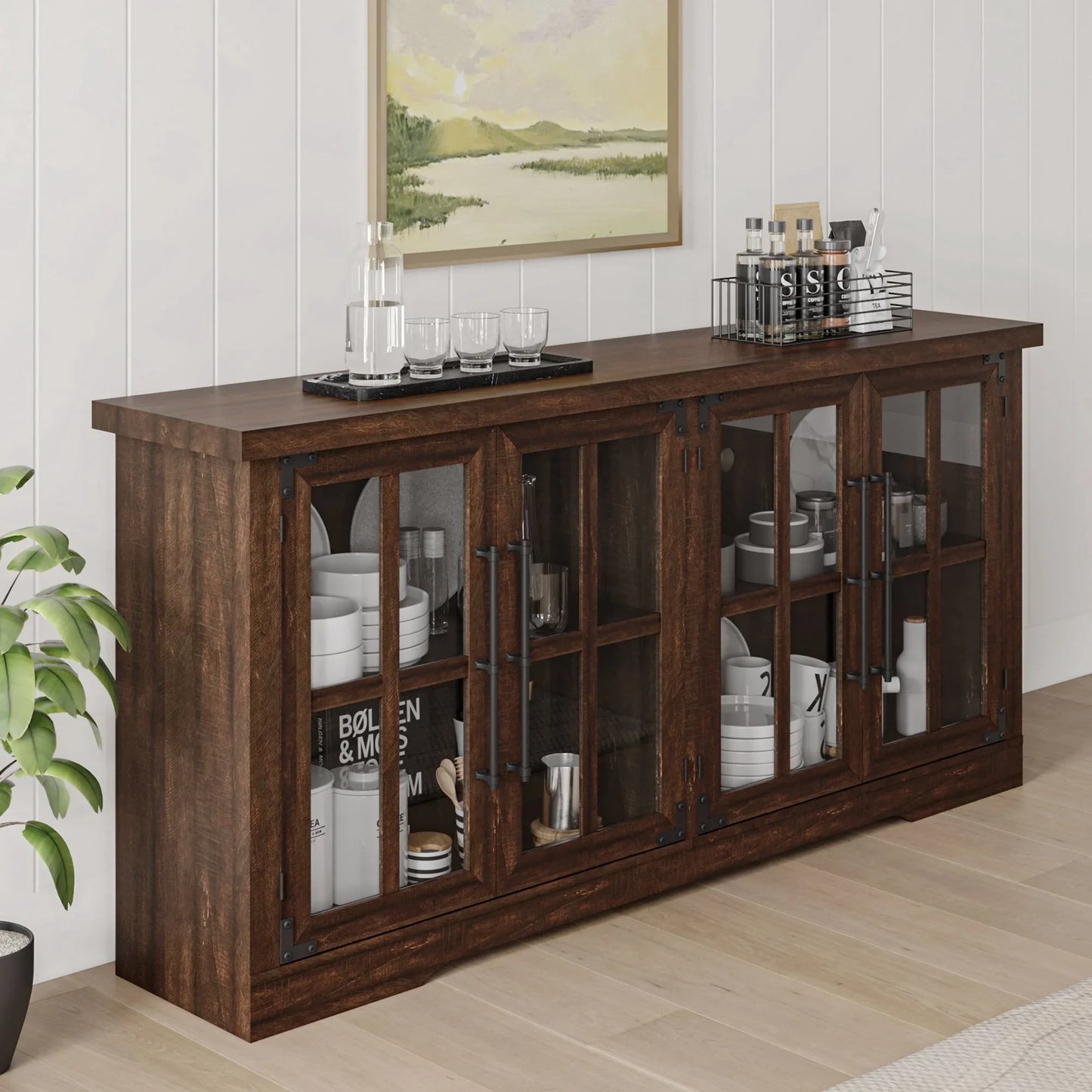 63" Buffet Sideboard Cabinet with Storage, Large Modern Farmhouse Cabinet with 4 Doors