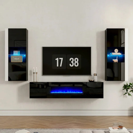 68" Floating Fireplace TV Stand, 2 x Wall Cabinets for Living Room, Black/White