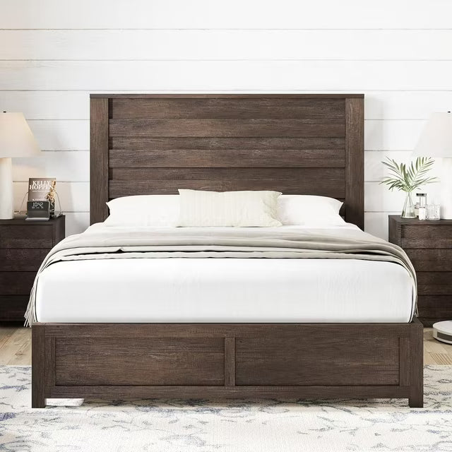 Merluxy Farmhouse Bed Frame with 49" Scalloped Headboard, Platform Bed with Natural Woodgrain Finish, No Boxspring/No Noise