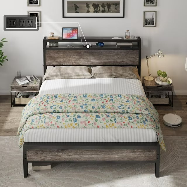 Merluxy Bed Frame Industrial Platform Bed with Charging Station, 2-Tier Storage Headboard/ No Box Spring Needed/ Noise-Free