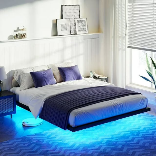 AMERLIFE Queen Industrial Metal Floating Platform Bed with LED Lights