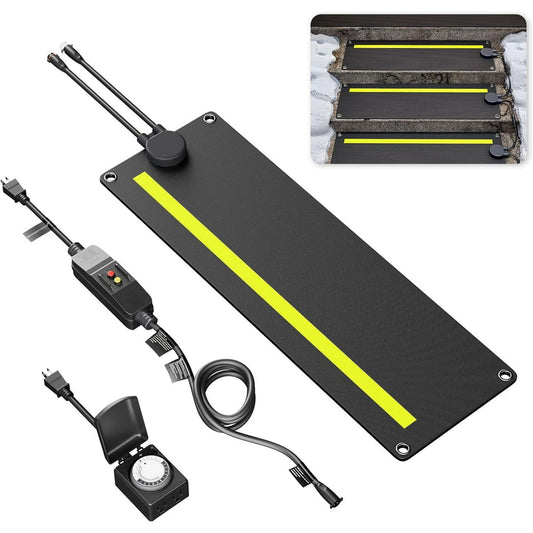 Jocisland 10x30 in Snow Melting Mats, Non-Slip Rubber Heated Mats Outdoor with Timer, Power Cord, Leakage Protection Device, Waterproof Collocatable Heated Snow Mat for Stair, Garage, Walkway(1 Pcs)