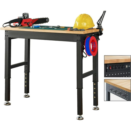 Jocisland 44x20 In Adjustable Workbench with Power Outlets, Rubber Wood Top Heavy Duty Workbench with Hooks for hanging, Max 2000LBs Workbench for Garage Woodworking and Cutting, Workshop, Home