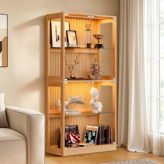 Amerlife 32'' RGB Display Cabinet with Glass Shelves, 4 Tier Storage, LED Lights, for Collectibles
