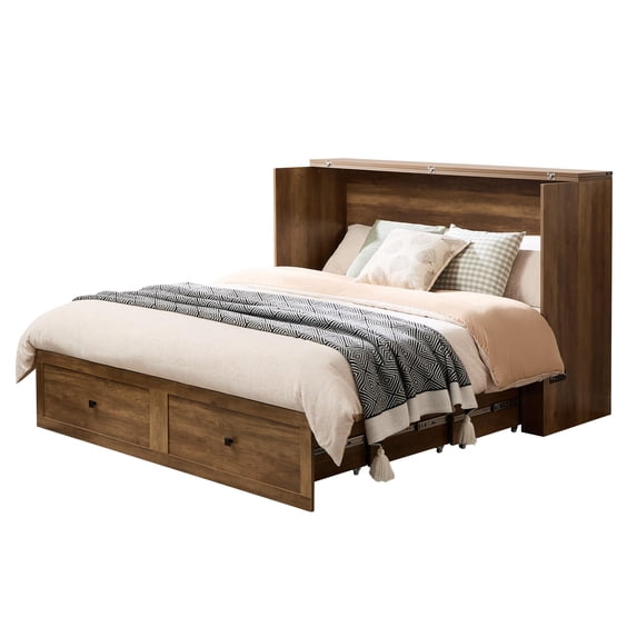 Amerlife 41"H Murphy Bed Cabinet with Charging Station and Storage, Farmhouse Foldable Platform Bed for Guest Room, Office