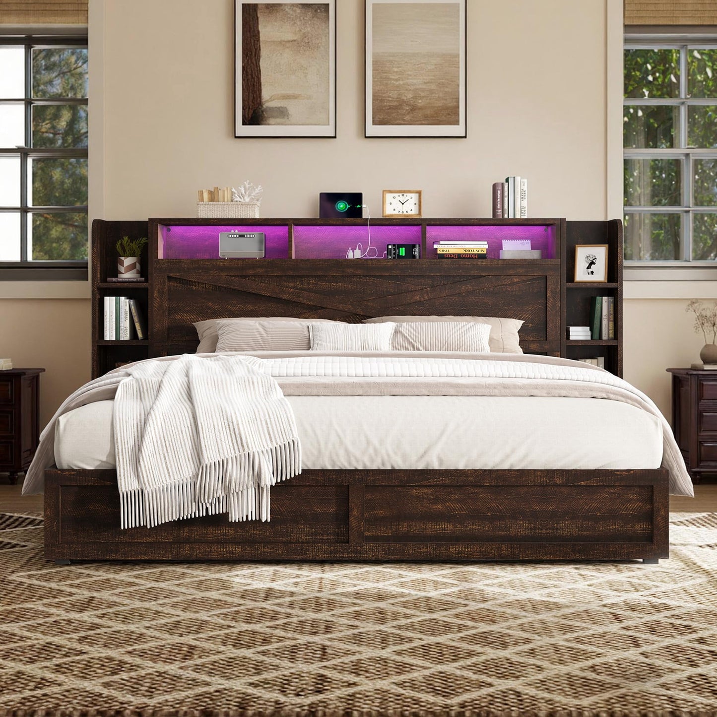 Amerlife Farmhouse Storage Bed Frame with Bookcase Headboard, Side Shelves & Underbed Drawers, LED Light & USB Charging Station