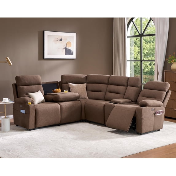 Amerlife Power Reclining Sectional Sofa with Dual Consoles, Cup Holders, USB, Hidden Storage, Linen Upholstery