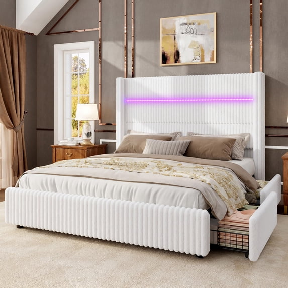 Amerlife 51.2" H LED Bed Frame, Corduroy Upholstered Platform Bed with 4 Storage Drawers & Charging Station Wingback Headboard