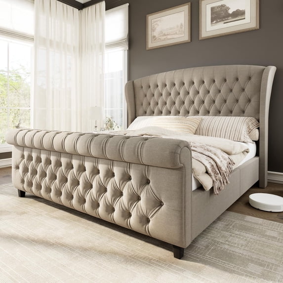 Amerlife 51"H King Size Platform Bed, Linen Upholstered Sleigh Bed with Scroll Wingback Headboard & Footboard/Button Tufted/Khaki
