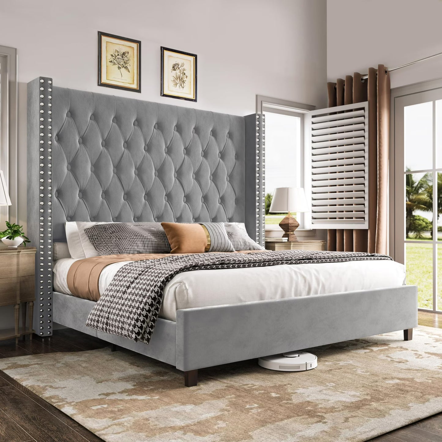 amerlife Bed Frame with 61.4" Tall Headborad and Deep Button Tufted,No Box Spring Needed,Velvet Upholstered