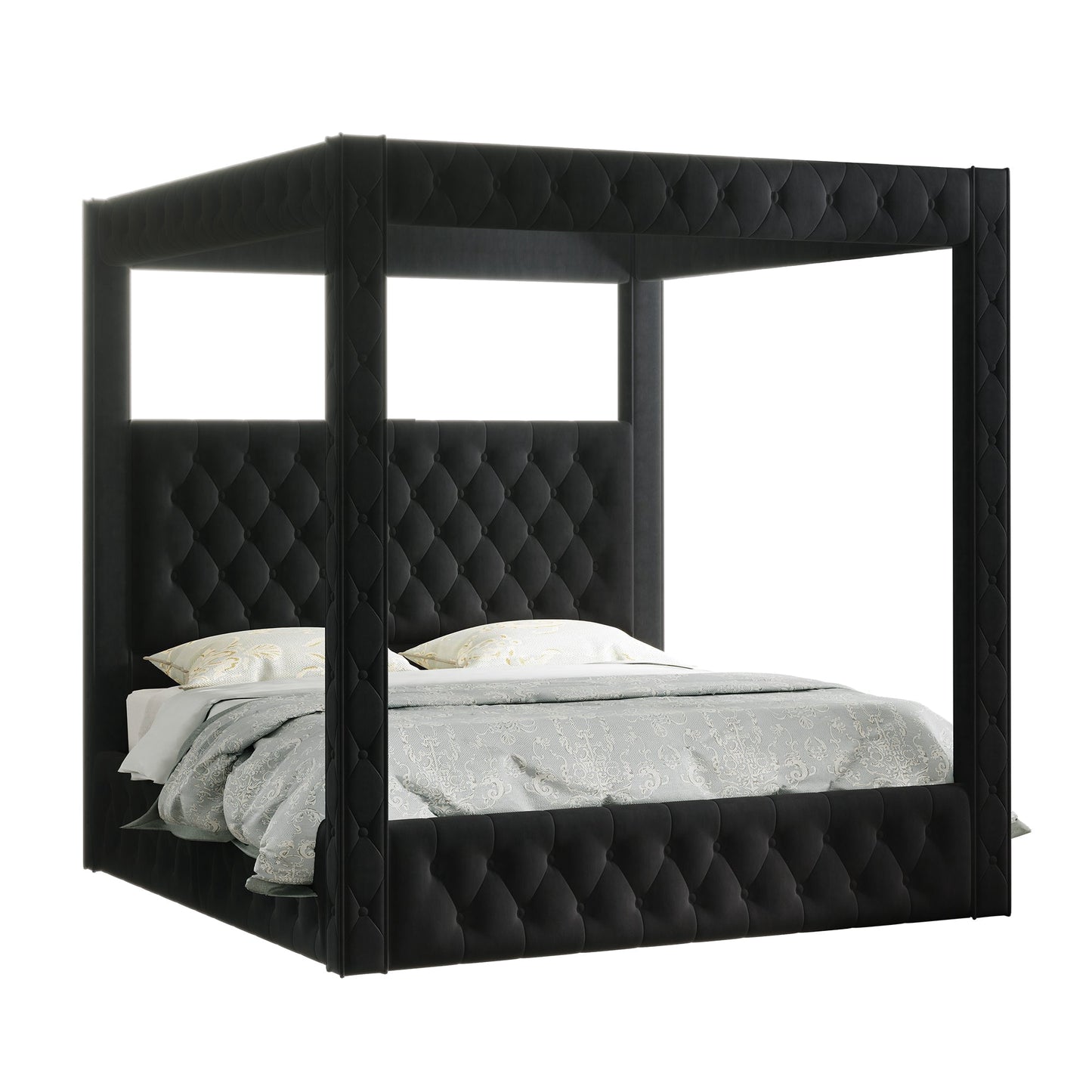 Amerlife Canopy Bed Frame with 74.8" Tall Four-Post Design, Modern Deep-Tufted Velvet Upholstered Headboard with Charging Station