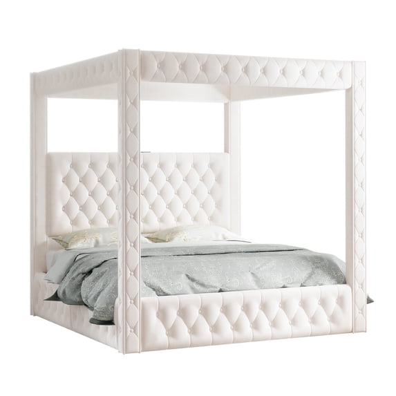 Amerlife Canopy Bed Frame with 74.8" Tall Four-Post Design, Modern Deep-Tufted Velvet Upholstered Headboard with Charging Station