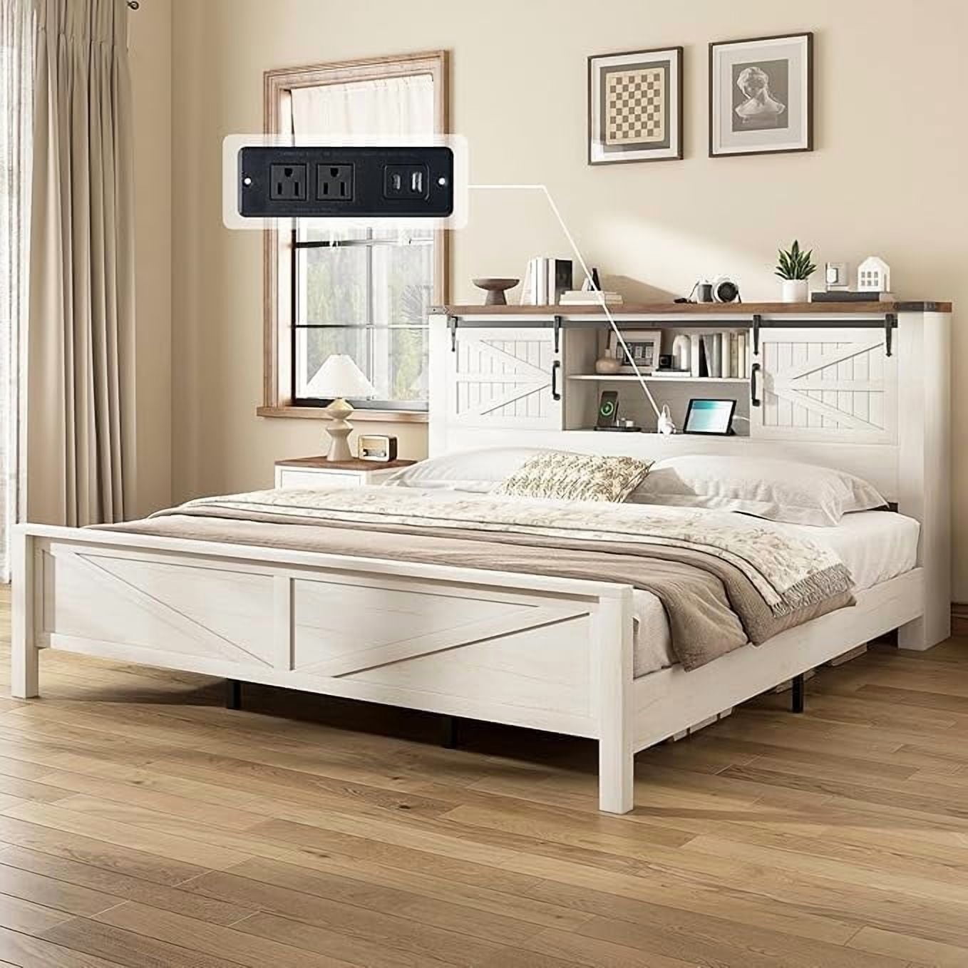 Amerlife 44" H Farmhouse Bed Frame with Barn Door Storage Headboard & Charging Station